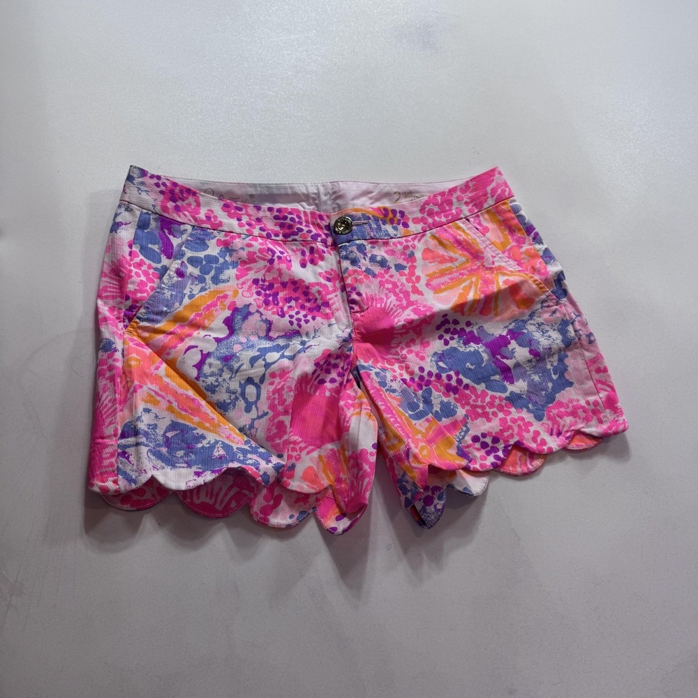 Lilly Pulitzer Buttercup Chino Shorts Womens 2 Multicolor Floral Scallop Hem